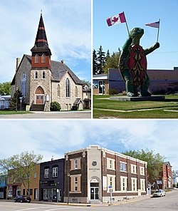 Clockwise from upper left St. Paul's United Church, Tommy the Turtle Statue, and the former Boissevain Post Office in the town centre.