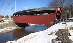 The Buttonwood Covered Bridge over Blockhouse Creek in Jackson Township. The bridge was built in 1898 and is on the National Register of Historic Places.