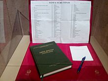 Today, cardinal electors receive copies of multiple ballot cards, scrutiny ballots, and a copy of Ordo Rituum Conclavis (Order of Conclave Rites). Shown above are the ballot papers of Cardinal Roger Mahony used in the 2013 conclave. Card. Mahony's Scrutiny Ballot, 2013.jpg
