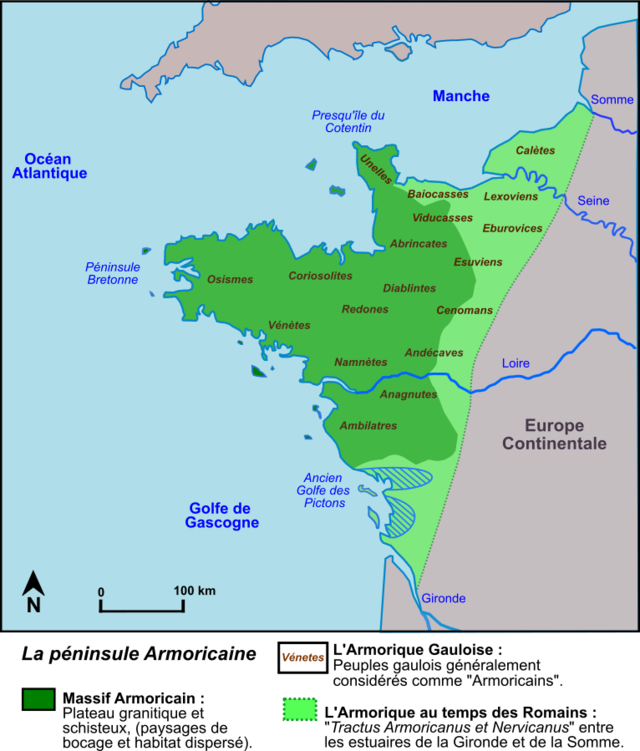 Carte de l'entrée de la Manche avec l'Armorique au temps de l'occupation romaine et la Grande-Bretagne