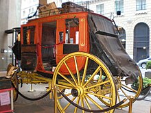Concord stagecoach in Wells Fargo History Museum, San Francisco, CA Concord Stagecoach WFHM SF left side.JPG