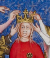 Couronnement de la reine Jeanne de Bourbon, épouse du roi Charles V de France. Détail d'une enluminure des Grandes Chroniques de France, 1375-1380.