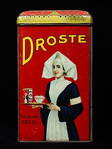 A visual form of recursion known as the Droste effect. The woman in this image holds an object that contains a smaller image of her holding an identical object, which in turn contains a smaller image of herself holding an identical object, and so forth. 1904 Droste cocoa tin, designed by Jan Misset Droste Cacao Alcalinise blikje, foto4.JPG