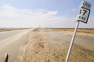 SH 87 approaching Gilchrist with damage from Hurricane Ike