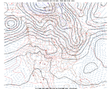 A prognostic chart of the North American continent provides geopotential heights, temperatures, and wind velocities at regular intervals. The values are taken at the altitude corresponding to the 850-millibar pressure surface.