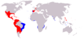Peta empayar bersama Sepanyol (merah) dan Portugal (biru) semasa Kesatuan Iberia (1580-1640)