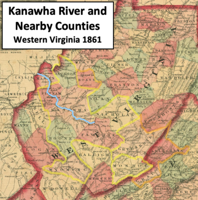 map of Western Virginia in 1861 including Fayette County and the Kanawha River, which flows past Charleston to the Ohio River
