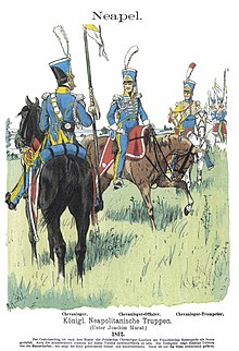 Trois soldats à cheval, l'un armé d'une lance.