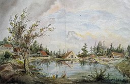 Vy över Länna eller Byringe bruk på 1790-talet. Akvarellerad pennteckning av Elias Martin.