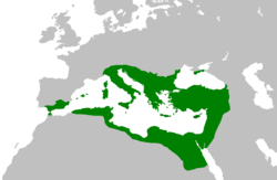 Най-голямото териториално разширение на Византия при Юстиниан I, 557 г.