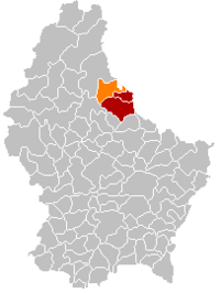 皮特沙伊德在卢森堡地图上的位置，皮特沙伊德为橙色，菲安登县为深红色