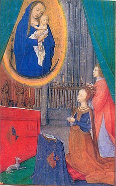 Margarida Tudor, resant davant d'una visió de la Verge i l'Infant Crist. Miniatura del llibre Les Hores de Jaume IV d'Escòcia, c. 1503