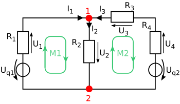 Simple electrical network consisting of two meshes and the following components: two voltage sources and 4 resistors.