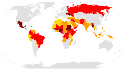 Map of ongoing armed conflicts (number of combat-related deaths in current or previous year):
.mw-parser-output .legend{page-break-inside:avoid;break-inside:avoid-column}.mw-parser-output .legend-color{display:inline-block;min-width:1.25em;height:1.25em;line-height:1.25;margin:1px 0;text-align:center;border:1px solid black;background-color:transparent;color:black}.mw-parser-output .legend-text{}
Major wars (10,000 or more)
Wars (1,000-9,999)
Minor conflicts (100-999)
Skirmishes and clashes (1-99) Ongoing conflicts around the world.svg