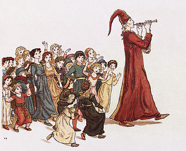 The Pied Piper of Hamelin (1888) shows subtle colour squashing on the piper's robe, and the use of cross hatchings to blend colours, characteristics of chromoxylography.[73]