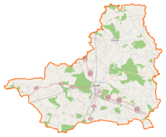 Mapa konturowa powiatu jarocińskiego, blisko centrum po prawej na dole znajduje się punkt z opisem „Parafia św. Antoniego Padewskiego w Jarocinie”