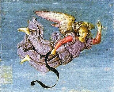 A purple-clad angel from the Resurrection of Christ by Raphael (1483–1520)