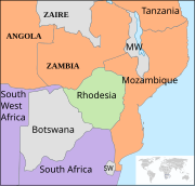 The geographical situation in 1965 (left, on UDI) and 1975 (right, after the independence of Mozambique and Angola from Portugal). Green: Rhodesia; purple: friendly nations; orange: hostile states; grey: neutral countries