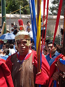 Participant dressed as a Roman soldier for the Iztapalapa passion play Romano de Iztapalapa.jpg