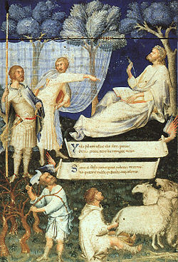 Egy Vergilius-kódex címoldali illusztrációja: a költő a jobb felső sarokban álmodozik és költ