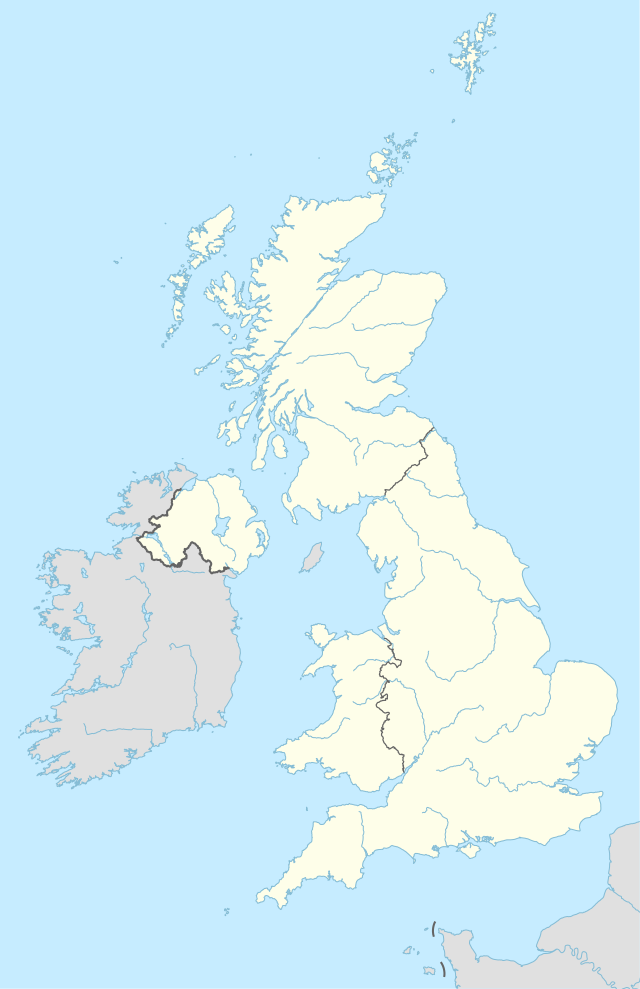 Mapa konturowa Wielkiej Brytanii, na dole znajduje się punkt z opisem „Cardiff”