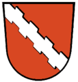 Landkreis Oberviechtach (–1972) In Rot ein schräger silberner Gegenastbalken.