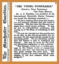 19120416 The Vessel Unsinkable - Titanic - Manchester Guardian quoting Int'l Mercantile Marine Co.jpg