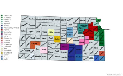 Map of the 21 core-based statistical areas in Kansas.