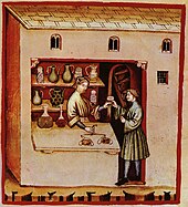 Illustration of a pharmacy in the Italian Tacuinum sanitatis, 14th century. 42-aspetti di vita quotidiana, medicine, Taccuino Sanitatis.jpg