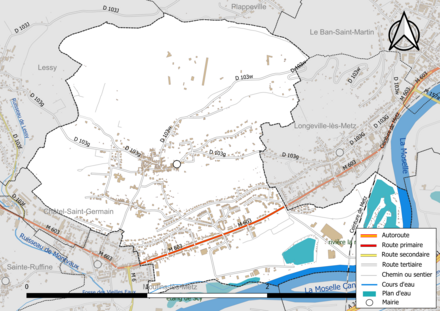 Carte en couleur présentant le réseau hydrographique de la commune