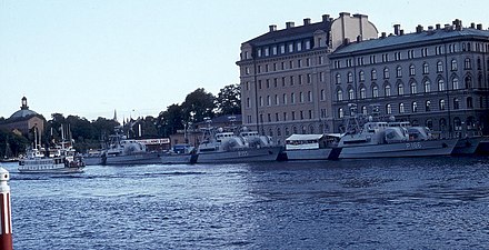 5. patrullbåtsdivisionen förtöjd vid Nybrokajen i Stockholm i augusti 1982.