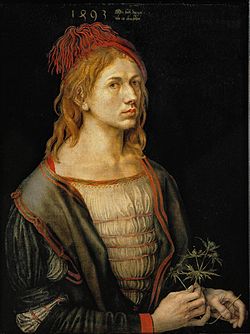El primer Autorretrato pintado por Albrecht Dürer (1493); originalmente hecho en óleo sobre papel vitela, y ahora transferido a lino. Louvre, París.