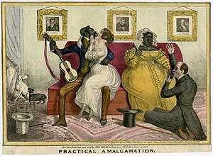 Anti-miscegenation cartoon promoting anti-abolitionists' fears of racial and sexual integration. Depicts a parlor scene where two inter-racial couples court on a couch. On the left, an attractive white women sits on the lap of a vigorous African American man. The man, depicted with grotesque facial features, holds a guitar in his free hand as she engages him in a kiss. On the right, a large African American woman is wooed by a dainty white man on his knees who holds her hand. Portraits of abolitionists Arthur Tappan, Daniel O'Connell (a radical Irish abolitionist), and John Quincy Adams hang on the wall above the couch. A white and black dog "court" in the corner.