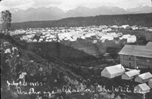 The tent city (called "The White City" in the handwritten caption) in Ship Creek, photographed by Alberta Pyatt on July 1, 1915. Anchtentcity.jpg