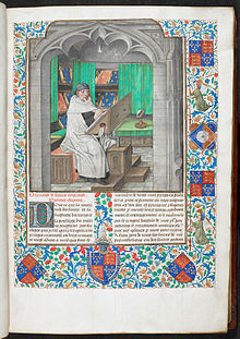 Miniature of Vincent of Beauvais in a manuscript of the Speculum Historiale, translated into French by Jean de Vignay, Bruges, c. 1478-1480, British Library Royal 14 E. i, vol. 1, f. 3 BL Royal Vincent of Beauvais.jpg