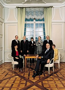 In 2003, by granting the Swiss People's Party a second seat in the governing cabinet, the Parliament altered the coalition that had dominated Swiss politics since 1959. Bundesrat der Schweiz 2003.jpg