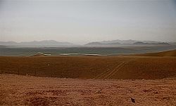 The now closed جارجیا ISAF Combat Outpost Shukvani in صوبہ ہلمند, افغانستان, which sits on a plateau overlooking the city of Sangin.