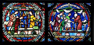 Round sections of two stained-glass windows both show a scene of a person kneeling at an altar while onlookers talk. The number of onlookers, small details and colour schemes are different.