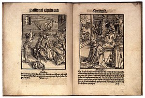 Woodcuts by Lucas Cranach the Elder from the Passional of Christ and Antichrist, contrasting Christ who wears the Crown of Thorns and is mocked (on the left), with the pope crowned with a tiara and adored by bishops and abbots (on the right) Christ mocked - pope venerated.jpg