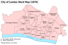 A map of the wards as they were in the late 19th century. City of London Ward Map, 1870.svg