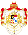 Großes Wappen des Königreichs Bayern mit den Collanen der vier höchsten Orden (von oben nach unten): 1. Hubertusorden 2. Georgsorden 3. Militär-Max-Joseph-Orden 4. Verdienstorden der Bayerischen Krone