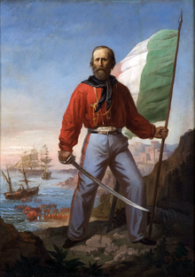 Giuseppe Garibaldi during the Expedition of the Thousand holding a flag of Italy Garibaldi a Marsala (Gerolamo Induno, Italy, 1861).png