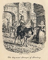 The episodic structure of The Golden Ass inspired the style of humorous travel in picaresque novels such as The Life and Opinions of Tristram Shandy, Gentleman (pictured) and The History of Tom Jones, a Foundling. George Cruikshank - Tristram Shandy, Plate IV. The long-nosed Stranger of Strasburg.jpg