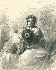 Photo of a drawing featuring a woman burying her face in the other's chest. The other woman looks up, with a sad expression.