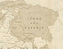 A 1946 map of the princely state of Jammu and Kashmir; present-day Azad Kashmir constitutes areas of the three western-most districts Jammu and Kashmir in 1946 map of India by National Geographic.jpg