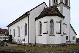 De apsis fan de St. Martinustsjerke yn Busskirch, gemeente Jona, Switserlân.