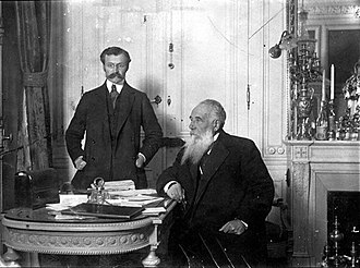 Nikola Pasic (seated) was the Prime Minister of Serbia during World War I Jovan Jovanovic Pizon and Nikola Pasic WWI.jpg
