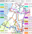 当市域および長岡市北西部のバス路線図。旧燕地区・三条方面・新潟方面（赤エリア内）の一部路線は省略
