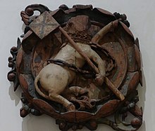 The Linlithgow Palace carving with a proposed flag of the new Union of the Crowns, c. 1617 Linlithgow Palace unicorn boss, c.1617.JPG