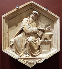 Formelle di Luca della Robbia (1437) dal campanile di Giotto a Firenze, raffiguranti rispettivamente Euclide e Pitagora (ovvero Geometria e aritmetica), Pitagora (ovvero l'Astronomia) e Orfeo (ovvero la Musica)